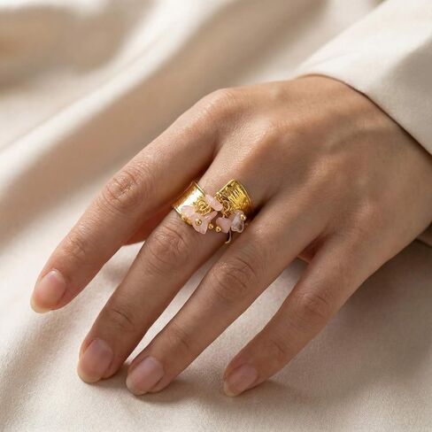 Rose Quartz Ring, Adjustable Non Tarnish Stainless Steel Rings for Women, Gold Vintage Chunky Y2K Jewelry in Saudi Arabia