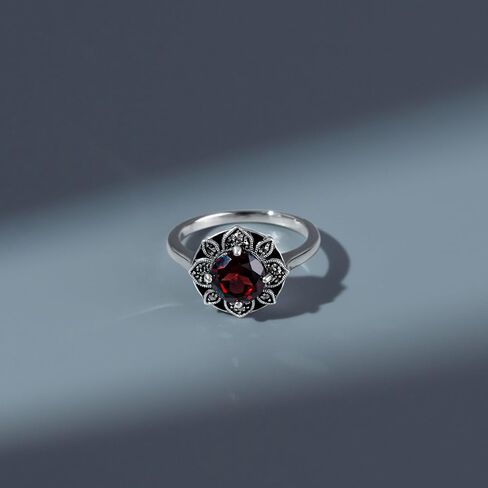 Gemondo USA 925 Sterling Silver Garnet, Marcasite & Black Enamel Art Nouveau Ring in Kuwait