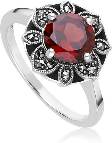 Gemondo USA 925 Sterling Silver Garnet, Marcasite & Black Enamel Art Nouveau Ring in Kuwait