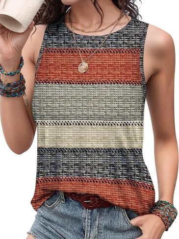Flamingals Women's Round Neck Tank Tops Sleeveless Colorblock Boho Crewneck Fitted T Shirts Summer Clothes 2026 in Saudi Arabia