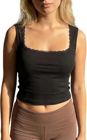 Womens Y2K Lace Trim Square Neck Tank Top Backless Slim Fit Wide Strap Ribbed Cami Tops Summer Going Out Crop Tops in Kuwait