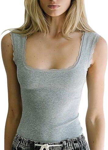 Womens Y2K Lace Trim Square Neck Tank Top Backless Slim Fit Wide Strap Ribbed Cami Tops Summer Going Out Crop Tops in Kuwait