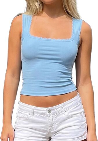 Womens Y2K Lace Trim Square Neck Tank Top Backless Slim Fit Wide Strap Ribbed Cami Tops Summer Going Out Crop Tops in Kuwait