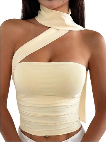GORGLITTER Women's Halter Crop Tops with Scarf Boho Going Out Tops Off The Shoulder Sleeveless Club Dinner Party Tops in Kuwait
