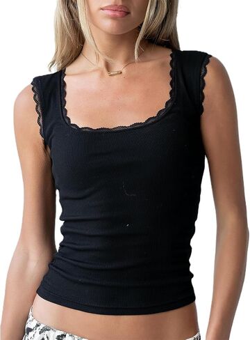 Womens Y2K Lace Trim Square Neck Tank Top Backless Slim Fit Wide Strap Ribbed Cami Tops Summer Going Out Crop Tops in Kuwait