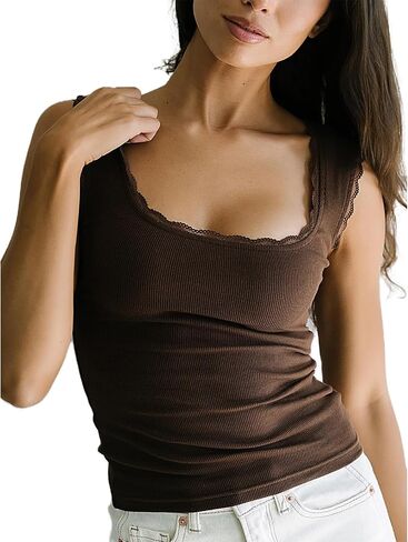 Womens Y2K Lace Trim Square Neck Tank Top Backless Slim Fit Wide Strap Ribbed Cami Tops Summer Going Out Crop Tops in Kuwait