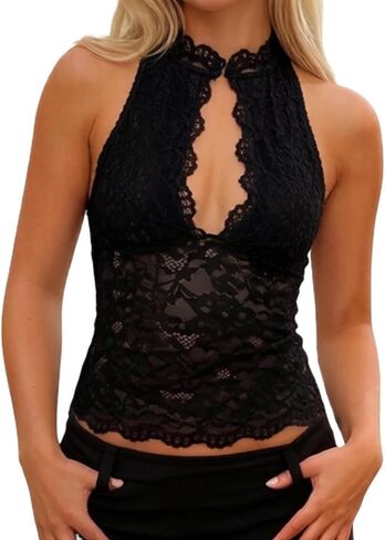Women Lace Tank Tops Y2K Sleeveless Sheer Floral Cutout High Neck Slim Crop Vestp Going Out Top Party Clubwear in Saudi Arabia