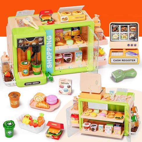 Toddler Toy Grocery Store, Supermarket Playset with Touch Voice Cash Register, Scanner, Coffee Maker, Play Food, Play Money, Pretend Play Toys for Toddlers Kids Birthday in Kuwait