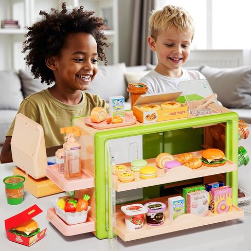 Toddler Toy Grocery Store, Supermarket Playset with Touch Voice Cash Register, Scanner, Coffee Maker, Play Food, Play Money, Pretend Play Toys for Toddlers Kids Birthday in Kuwait