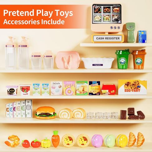 Toddler Toy Grocery Store, Supermarket Playset with Touch Voice Cash Register, Scanner, Coffee Maker, Play Food, Play Money, Pretend Play Toys for Toddlers Kids Birthday in Kuwait