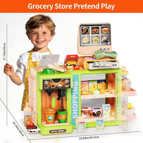 Toddler Toy Grocery Store, Supermarket Playset with Touch Voice Cash Register, Scanner, Coffee Maker, Play Food, Play Money, Pretend Play Toys for Toddlers Kids Birthday in Kuwait