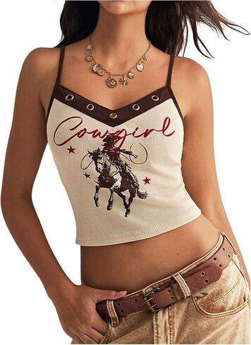 Floerns Women's Y2K Western Music Festival Tops Howdy Eyelet Ribbed Country Concert Cami Top in Kuwait