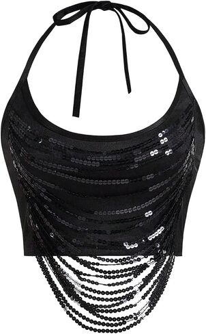 OYOANGLE Women's Glitter Sequin Halter Crop Top Y2K Sleeveless Backless Rave Party Cami Tops in Kuwait