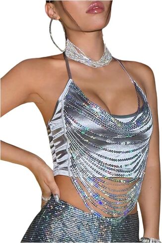 OYOANGLE Women's Glitter Sequin Halter Crop Top Y2K Sleeveless Backless Rave Party Cami Tops in Kuwait