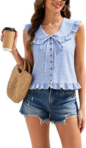 Women’s Gingham Ruffled Sleeveless Button Down Blouse in Saudi Arabia