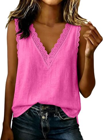 Womens Lace Trim Linen Tank Tops Summer Cotton Gauze Sleeveless Shirts Casual Loose Fit Boho Vacation Cute T-Shirt in Kuwait