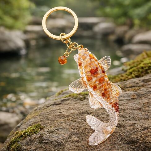 Fish Keychain – Lucky Keychains Bag Charms for Women with Crystal Clear Gold Flake Charm, Cool Key Chains Gifts for Fishs Loves, Good Luck in Saudi Arabia