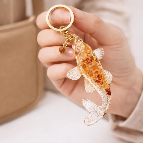 Fish Keychain – Lucky Keychains Bag Charms for Women with Crystal Clear Gold Flake Charm, Cool Key Chains Gifts for Fishs Loves, Good Luck in Saudi Arabia