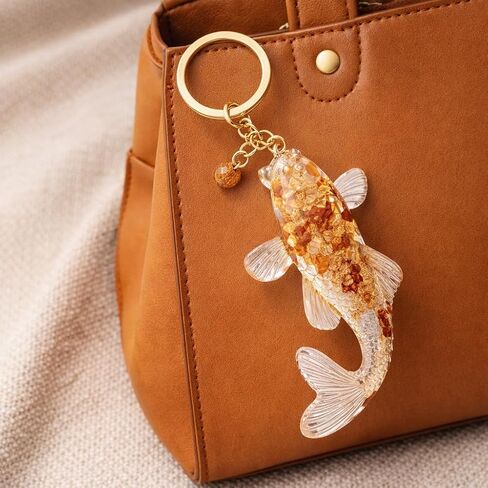 Fish Keychain – Lucky Keychains Bag Charms for Women with Crystal Clear Gold Flake Charm, Cool Key Chains Gifts for Fishs Loves, Good Luck in Saudi Arabia