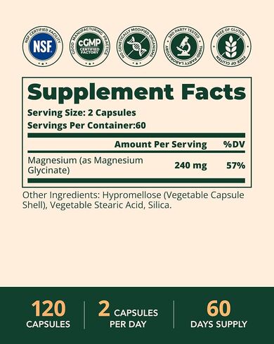 Magnesium Glycinate Supplement, 240mg Elemental, 120 Capsules | High Potency, 100% Fully Chelated, Sleep Aid for Relaxation, Non-GMO, Gluten-Free in Saudi Arabia