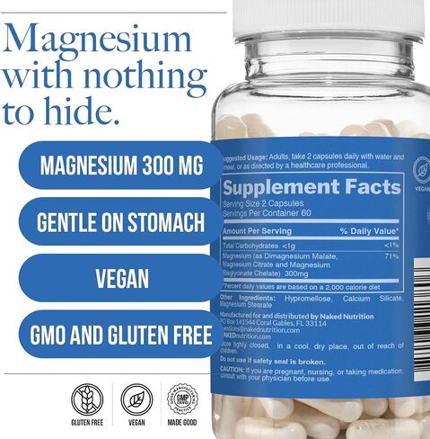 Naked Magnesium Glycinate Complex - 300mg Magnesium Supplement with Citrate & Malate - High Absorption Formula - Vegan, Non-GMO, Gluten-Free - 120 Capsules in Saudi Arabia