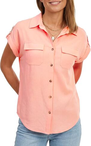 Umenlele Women’s Short Sleeve Collared V Neck Button Down Blouse Tops with Pockets in Kuwait