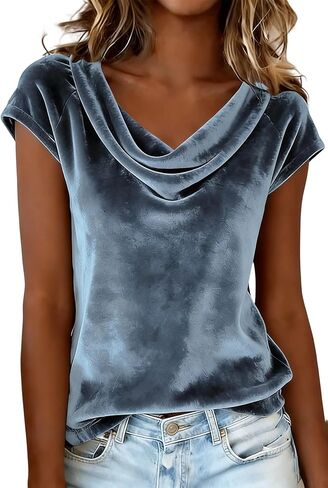 LAJIOJIO Women's Velvet Short Sleeve Top Cowl Neck Elegant Dressy Blouse for Holiday Party Outfits in Saudi Arabia