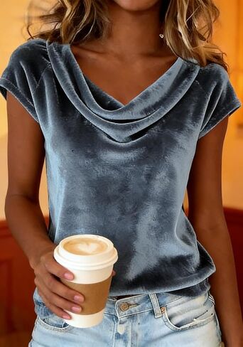 LAJIOJIO Women's Velvet Short Sleeve Top Cowl Neck Elegant Dressy Blouse for Holiday Party Outfits in Saudi Arabia