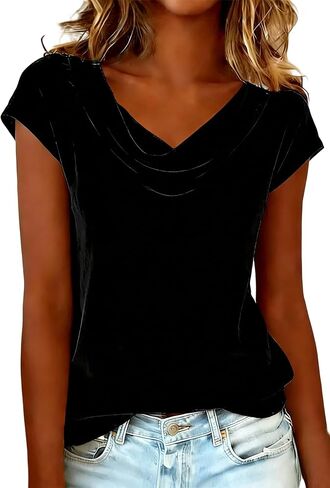 LAJIOJIO Women's Velvet Short Sleeve Top Cowl Neck Elegant Dressy Blouse for Holiday Party Outfits in Saudi Arabia