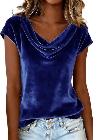 LAJIOJIO Women's Velvet Short Sleeve Top Cowl Neck Elegant Dressy Blouse for Holiday Party Outfits in Saudi Arabia