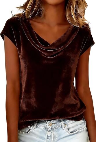LAJIOJIO Women's Velvet Short Sleeve Top Cowl Neck Elegant Dressy Blouse for Holiday Party Outfits in Saudi Arabia