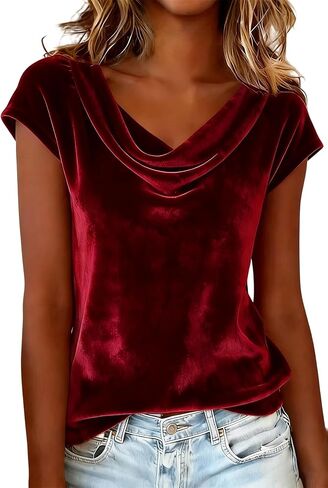 LAJIOJIO Women's Velvet Short Sleeve Top Cowl Neck Elegant Dressy Blouse for Holiday Party Outfits in Saudi Arabia