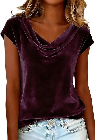 LAJIOJIO Women's Velvet Short Sleeve Top Cowl Neck Elegant Dressy Blouse for Holiday Party Outfits in Saudi Arabia