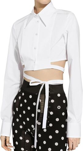 SUNNOW Women's White Long Sleeve Cropped Top with Button Front and Waist Lace-Up in Kuwait
