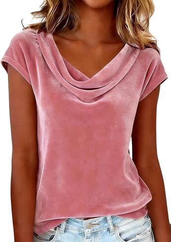 LAJIOJIO Women's Velvet Short Sleeve Top Cowl Neck Elegant Dressy Blouse for Holiday Party Outfits in Saudi Arabia