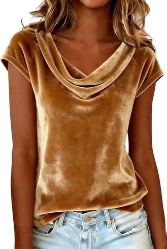 LAJIOJIO Women's Velvet Short Sleeve Top Cowl Neck Elegant Dressy Blouse for Holiday Party Outfits in Saudi Arabia