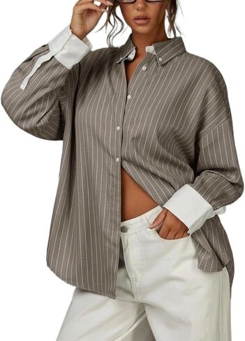 Women's Shirt Front Button Drop Shoulder Long Sleeve Casual Contrast Striped Shirt in Kuwait