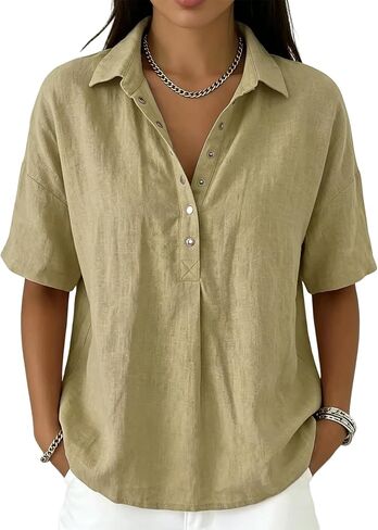 Linen Shirts for Women Half Sleeve Button Down V Neck Casual Blouses Comfy and Breathable Summer Work Tops in Kuwait