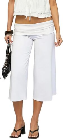 Women Gaucho Pants Wide Leg Loose Foldover Yoga Capri Gaucho Pants Flared Capri Cropped Trousers Causal Lounge in Saudi Arabia