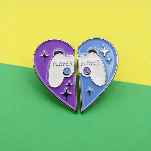 2pcs Stylish Half Heart Brooch for Gamers - Blue and Purple Player Badge Lapel Pin in Kuwait