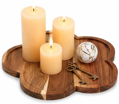 11.8" Acacia Wood Flower-Shaped Tray, Wooden Candle Tray, Decorative Candle Holder Candle Plate Jewelry Organizer, Farmhouse Serving Tray for Food, Drinks, Jewelry, Key, Vanity & Home Decor in Saudi Arabia