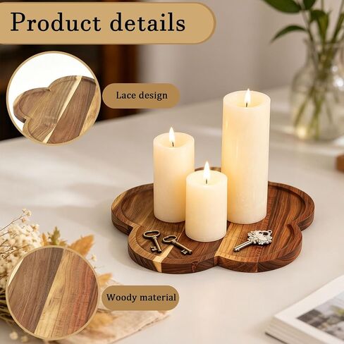 11.8" Acacia Wood Flower-Shaped Tray, Wooden Candle Tray, Decorative Candle Holder Candle Plate Jewelry Organizer, Farmhouse Serving Tray for Food, Drinks, Jewelry, Key, Vanity & Home Decor in Saudi Arabia