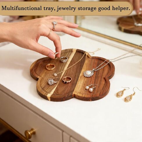 11.8" Acacia Wood Flower-Shaped Tray, Wooden Candle Tray, Decorative Candle Holder Candle Plate Jewelry Organizer, Farmhouse Serving Tray for Food, Drinks, Jewelry, Key, Vanity & Home Decor in Saudi Arabia