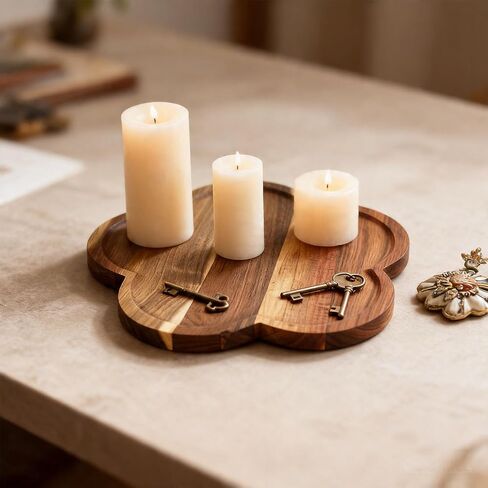 11.8" Acacia Wood Flower-Shaped Tray, Wooden Candle Tray, Decorative Candle Holder Candle Plate Jewelry Organizer, Farmhouse Serving Tray for Food, Drinks, Jewelry, Key, Vanity & Home Decor in Saudi Arabia