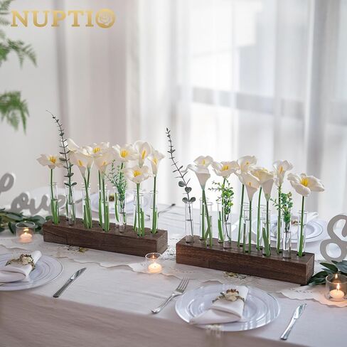 NUPTIO مزهرية الزفاف المركزية للطاولة: قاعدة خشبية مستطيلة طويلة 15 بوصة و12 قطعة من المزهريات الزجاجية لأنبوب اختبار لترتيب الزهور، قطعة مركزية لطاولة الطعام، هدايا ديكور المنزل لمحبي النباتات in Kuwait