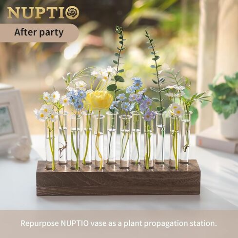 NUPTIO مزهرية الزفاف المركزية للطاولة: قاعدة خشبية مستطيلة طويلة 15 بوصة و12 قطعة من المزهريات الزجاجية لأنبوب اختبار لترتيب الزهور، قطعة مركزية لطاولة الطعام، هدايا ديكور المنزل لمحبي النباتات in Kuwait