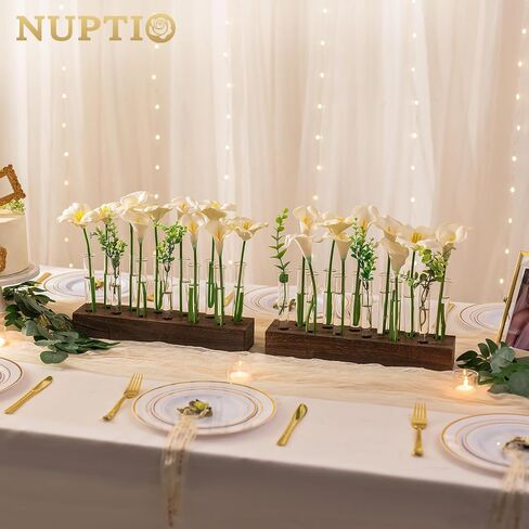 NUPTIO مزهرية الزفاف المركزية للطاولة: قاعدة خشبية مستطيلة طويلة 15 بوصة و12 قطعة من المزهريات الزجاجية لأنبوب اختبار لترتيب الزهور، قطعة مركزية لطاولة الطعام، هدايا ديكور المنزل لمحبي النباتات in Kuwait