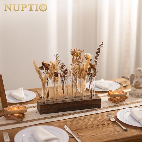 NUPTIO مزهرية الزفاف المركزية للطاولة: قاعدة خشبية مستطيلة طويلة 15 بوصة و12 قطعة من المزهريات الزجاجية لأنبوب اختبار لترتيب الزهور، قطعة مركزية لطاولة الطعام، هدايا ديكور المنزل لمحبي النباتات in Kuwait