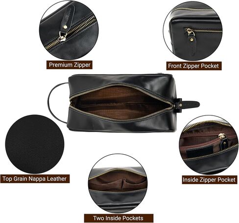 Awesometik Unisex Premium Travel Bag - Toiletries Organizer Case for Grooming, Jewelry - Travel Essentials Shaving Dopp Kit - Geniune Leather Water Resistant Cosmetic Bag For Men, Women (Black) in Saudi Arabia