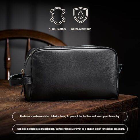 Awesometik Unisex Premium Travel Bag - Toiletries Organizer Case for Grooming, Jewelry - Travel Essentials Shaving Dopp Kit - Geniune Leather Water Resistant Cosmetic Bag For Men, Women (Black) in Saudi Arabia